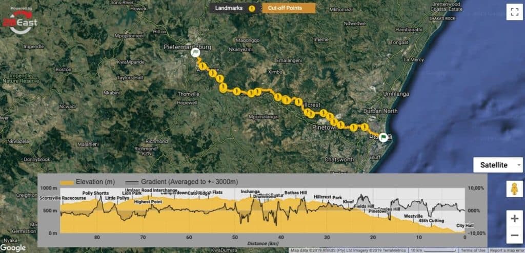 Map of the Comrades Marathon Down route